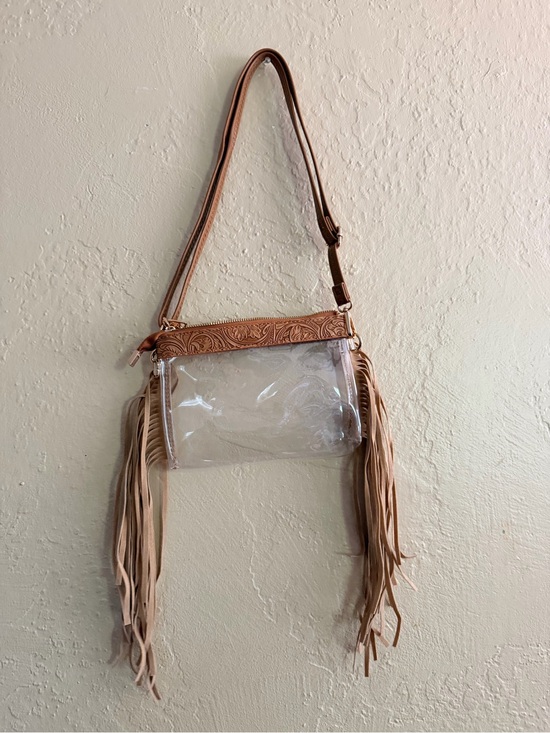 none Handbags - Fringed Clear Crossbody with Tan Leather Trim